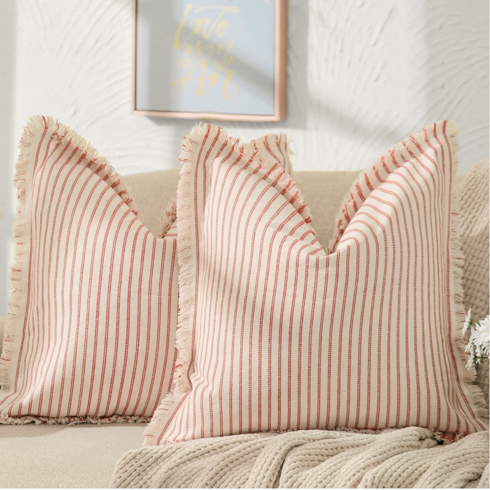 Striped Fringe Throw Pillow Covers RED 22x22” (2-Pack)